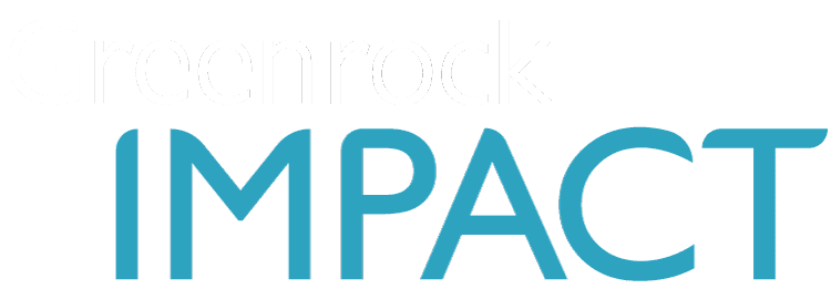 White and turquoise typography logo for Greenrock Impact